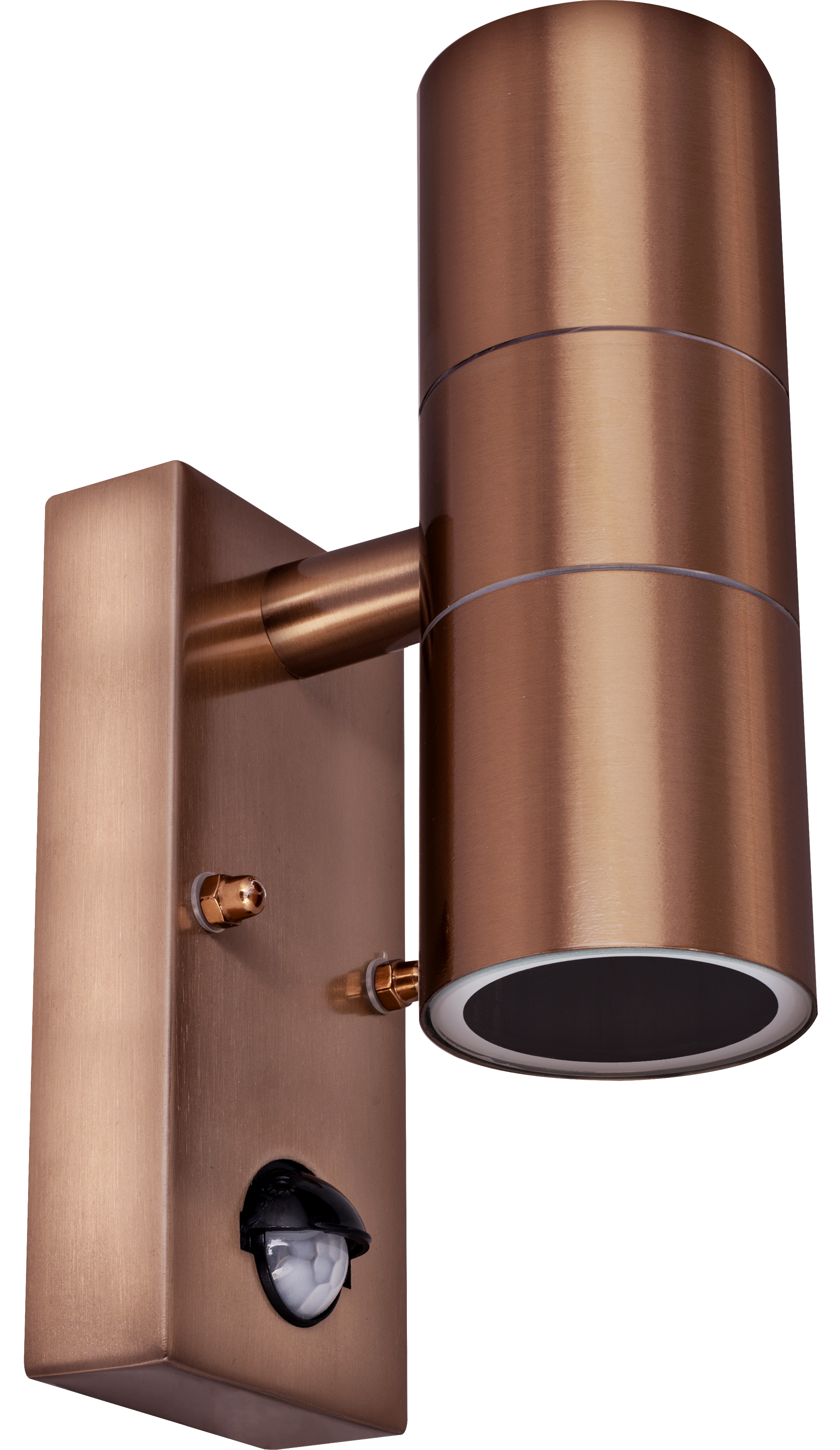 Exterior decorative up / down wall light GU10 with PIR finished in copper