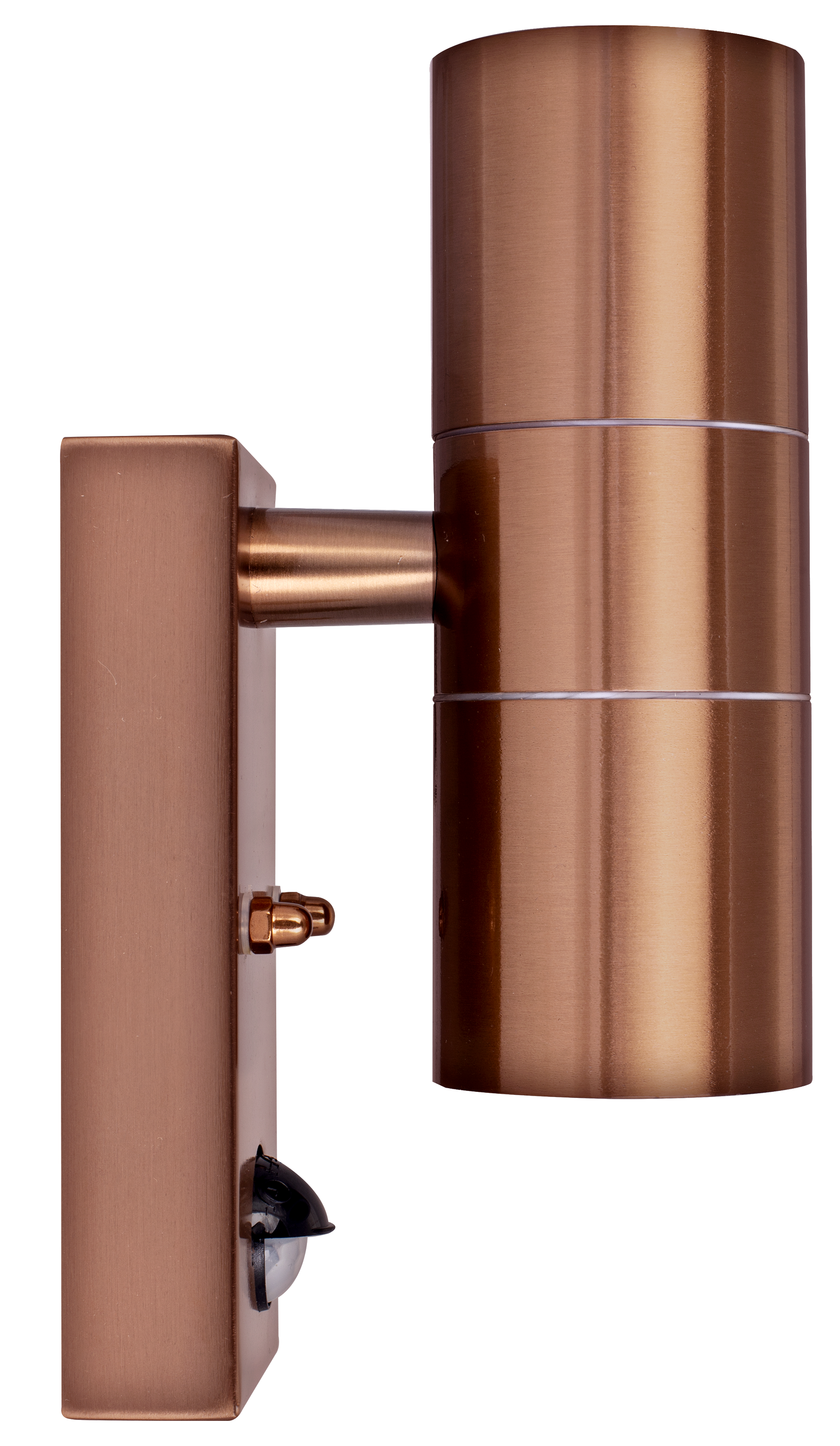 Exterior decorative up / down wall light GU10 with PIR finished in copper