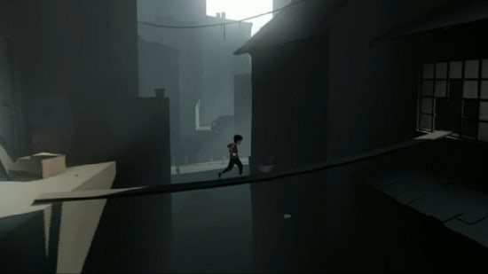 Inside - Screenshot A boy runs across a dangerous plank in a screenshot of Playdead's INSIDE.