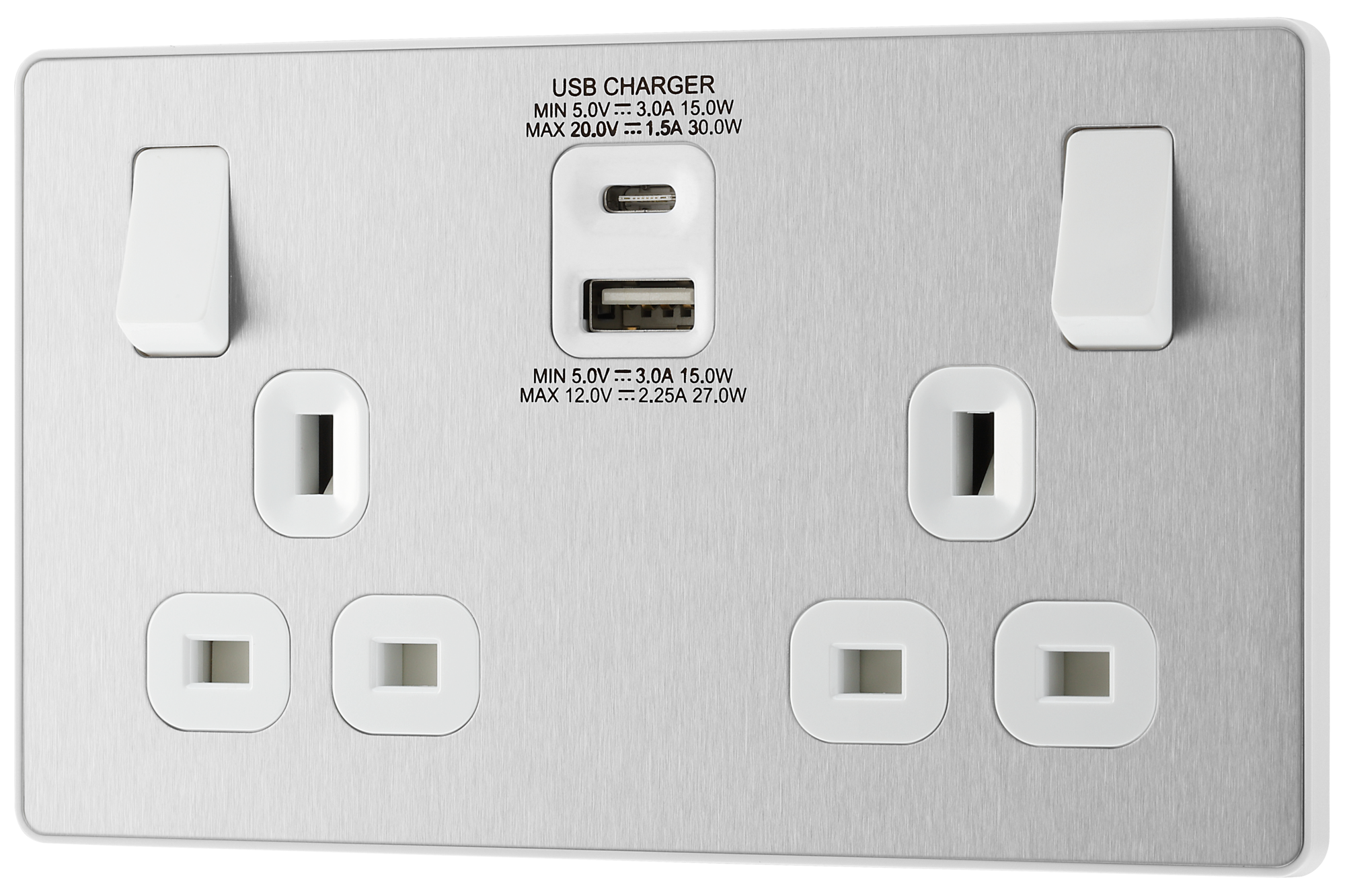 Dubbel 2-Power Outlet, USB-A & USB-C Charging Port Edge Mount