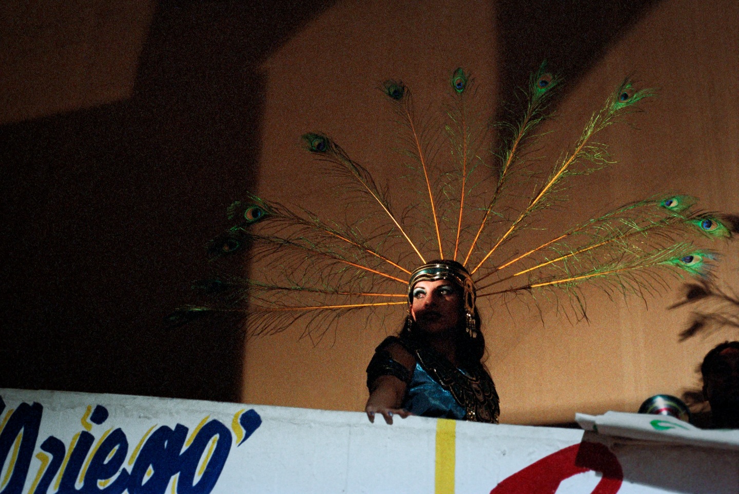 A woman wearing a striking headdress made of peacock feathers stands against a dimly lit background