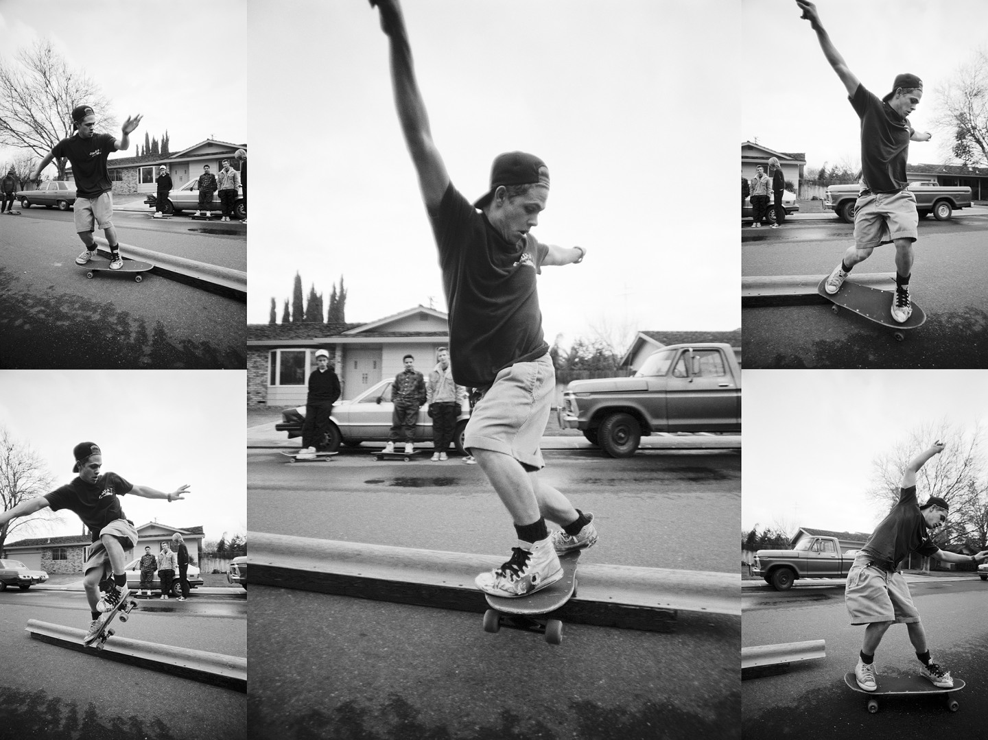 A collage of a skateboarder performing tricks on a street rail