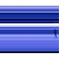 A solitary figure walks amid abstract blue horizontal lines