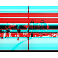 A stylized, distorted image of people and camels against a vibrant red and cyan background