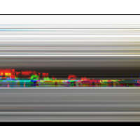 Abstract horizontal stripes in vibrant colors with a blurred backdrop of silhouettes