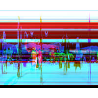Abstract digital artwork with distorted colors and striped patterns featuring blurred human figures and shapes