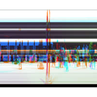 Abstract digital artwork featuring colorful vertical stripes overlaid on a blurred crowd scene