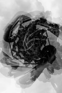 Abstract black and white image featuring intricate overlapping shapes and forms