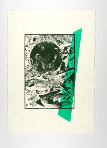 Abstract green print depicting a circular form and textured background with a contrasting teal design element
