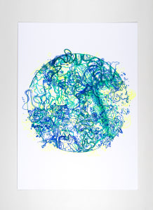 Abstract circular design with intertwined blue and green lines on a white background