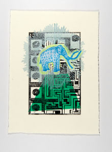 A geometric blue elephant illustration with a green, abstract background and patterned borders