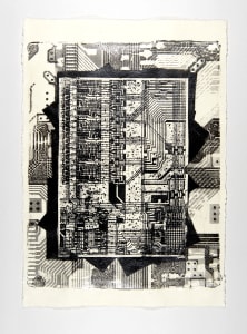 A monochromatic print depicting a circuit board design with intricate patterns and textures