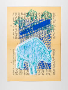 A blue geometric animal silhouette on a textured background of illustrated trees and text