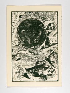 An abstract print featuring dark, swirling shapes on a light background