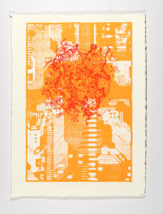 Abstract orange artwork featuring intricate red lines and circuit patterns