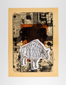 Geometric bull illustration layered over a textured background with newspaper elements