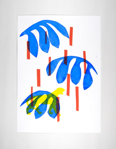 Colorful cut-out leaves with red vertical lines on a white background