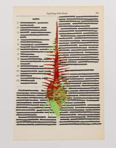 Artistic representation of a spine overlaid on a page of redacted text from a psychology book