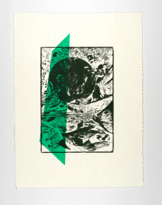 Abstract print featuring a dark circular shape and green geometric elements against a textured background