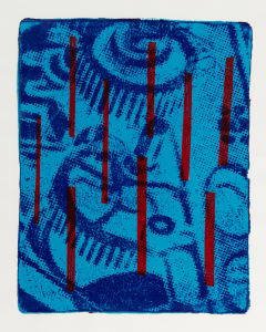 Abstract artwork featuring a blue background with red vertical lines and intricate patterns