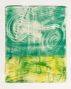 Abstract print featuring swirling green and yellow shapes
