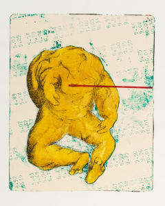 Illustration of a yellow figure resembling a seated human with a red line piercing it against a textured background