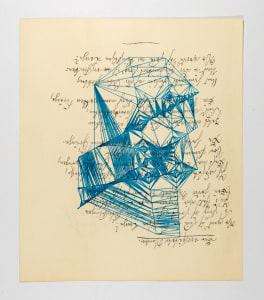 Geometric blue drawing over handwritten notes on a beige background