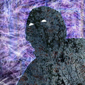 Abstract portrait of a figure with white eyes against a colorful, textured background