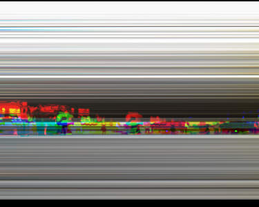 Abstract horizontal stripes in vibrant colors with a blurred backdrop of silhouettes