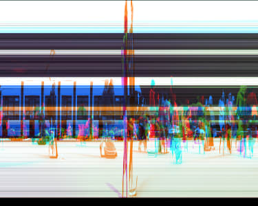Abstract digital artwork featuring colorful vertical stripes overlaid on a blurred crowd scene