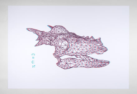 A wireframe model of a stylized fish on a white background with blue and red accents
