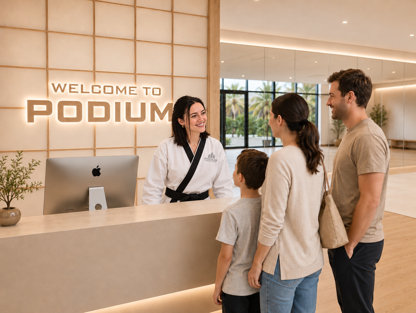 A family being welcomed at the Podium Martial Arts front desk