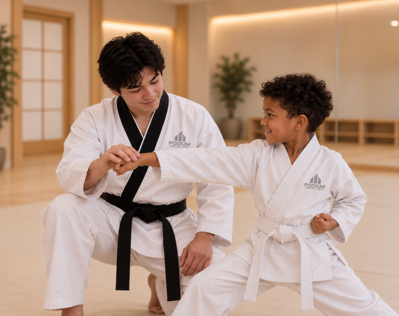 Podium Martial Arts instructor coaching a young student