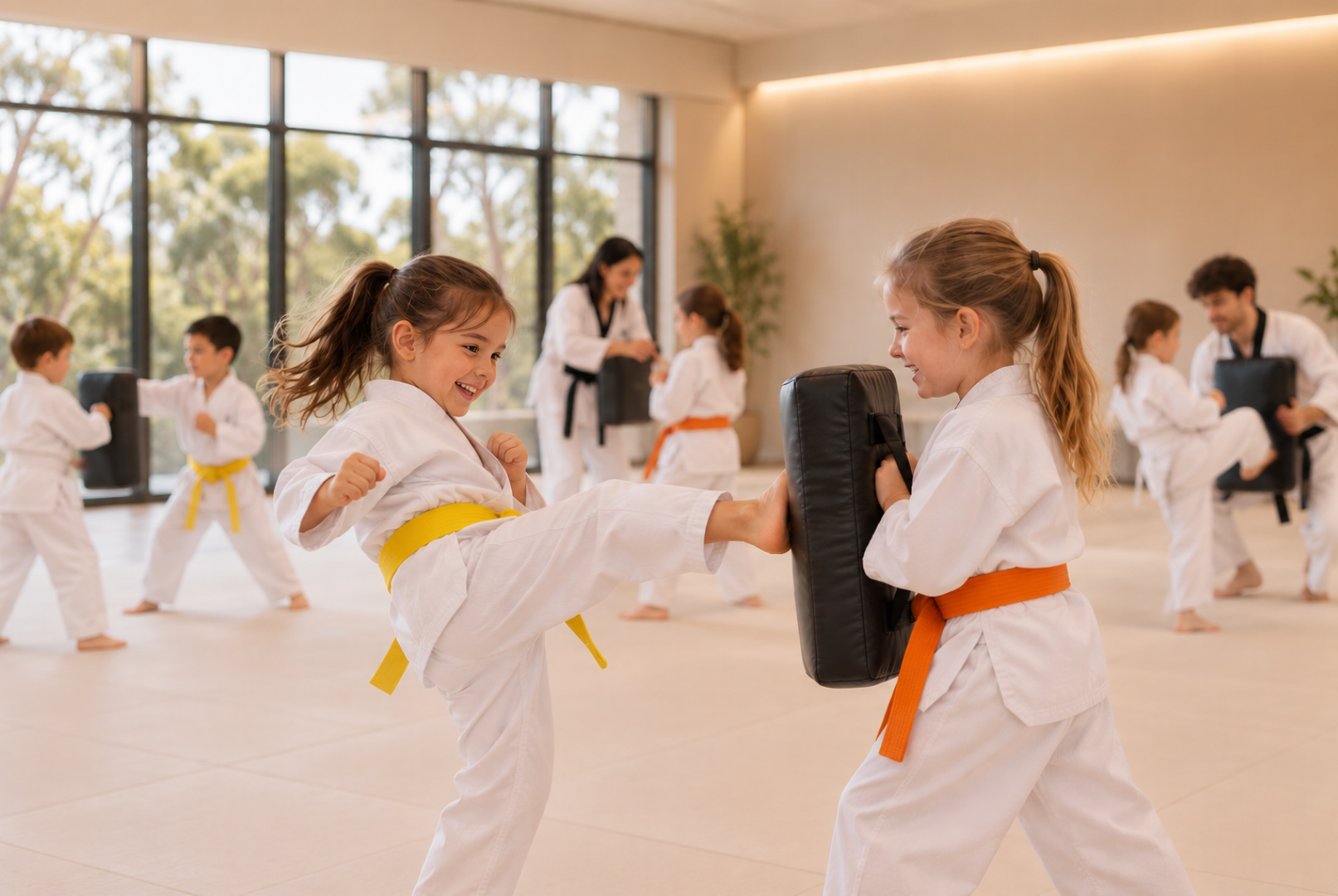 Young children practising martial arts and teamwork