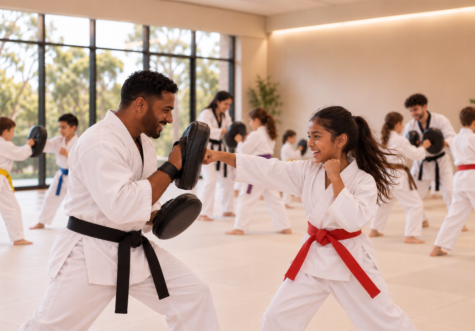 Father and daughter training martial arts with focus mitts