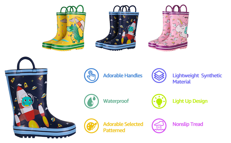 Toddler Rain Boots Kids Waterproof Printed Boys Girls Natural Rubber  Rainboots with Handles,Yellow Dinosaur,8T - Walmart.com
