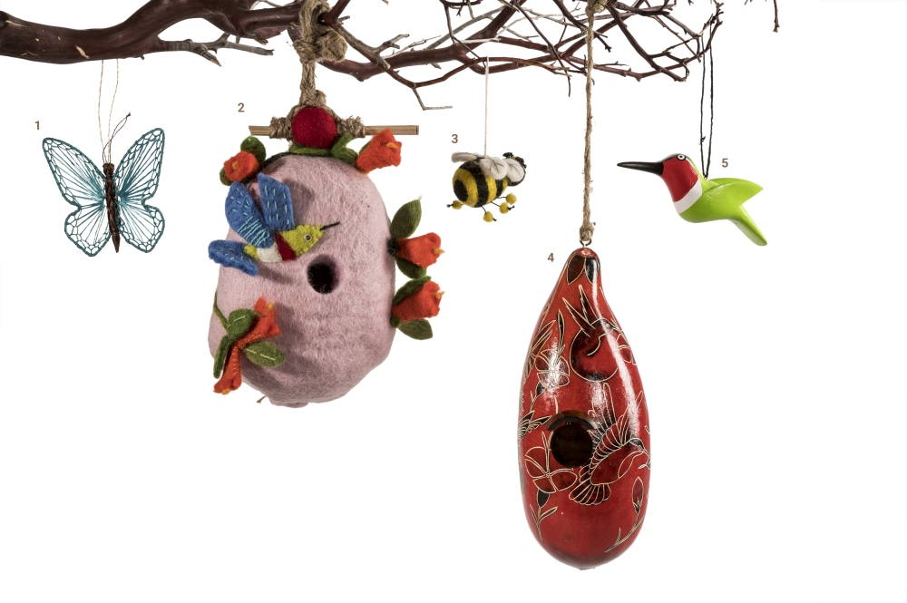 pollinator ornaments and birdhouses