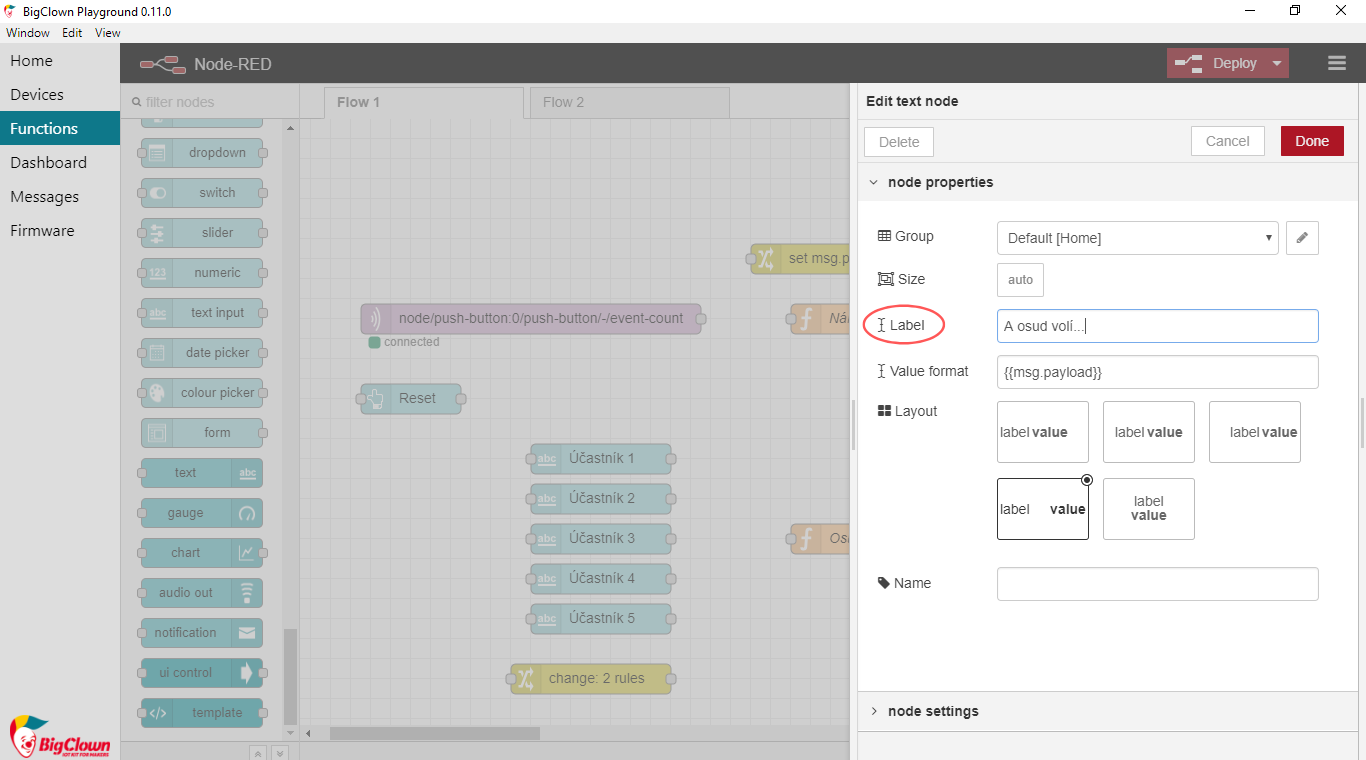 Text label in dashboard Node-RED