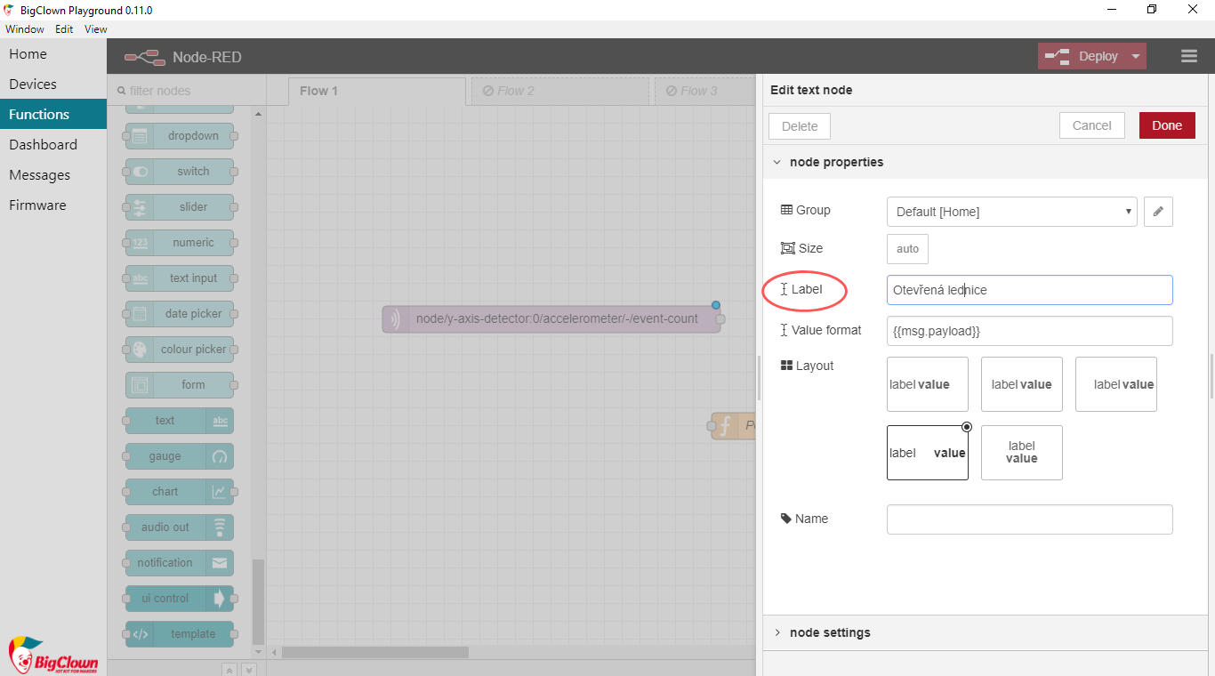 Node-RED dashboard text input label