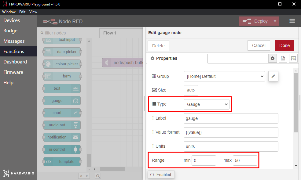 Gauge range settings Node-RED