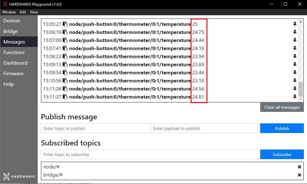 HARDWARIO Playground MQTT messages