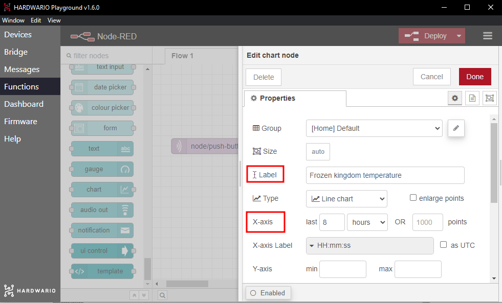 Node-RED chart settings in HARDWARIO Playground
