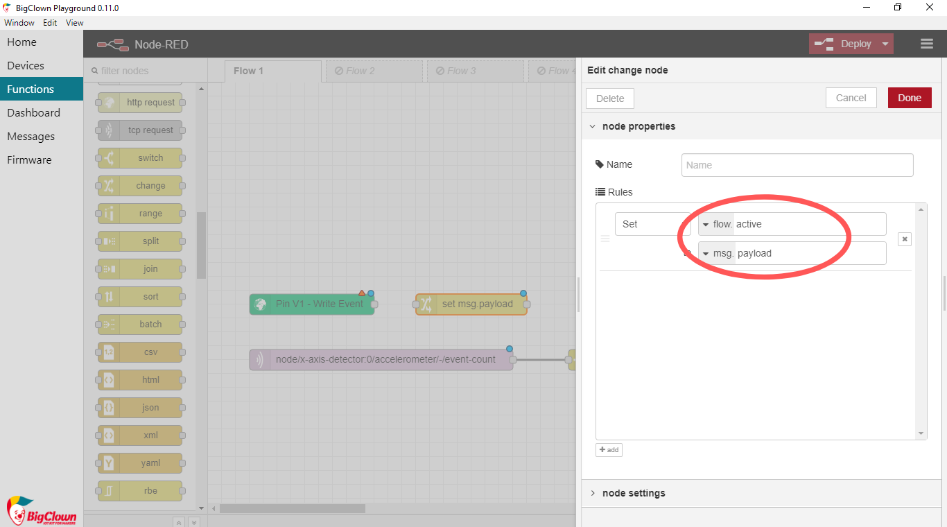 Settings of change node in flow of Node-RED