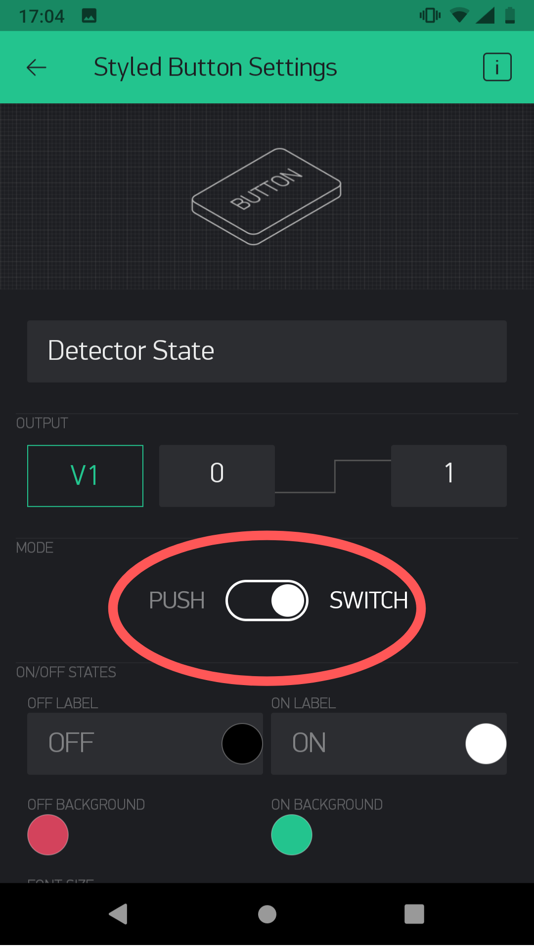 Settings of styled button in Blynk App