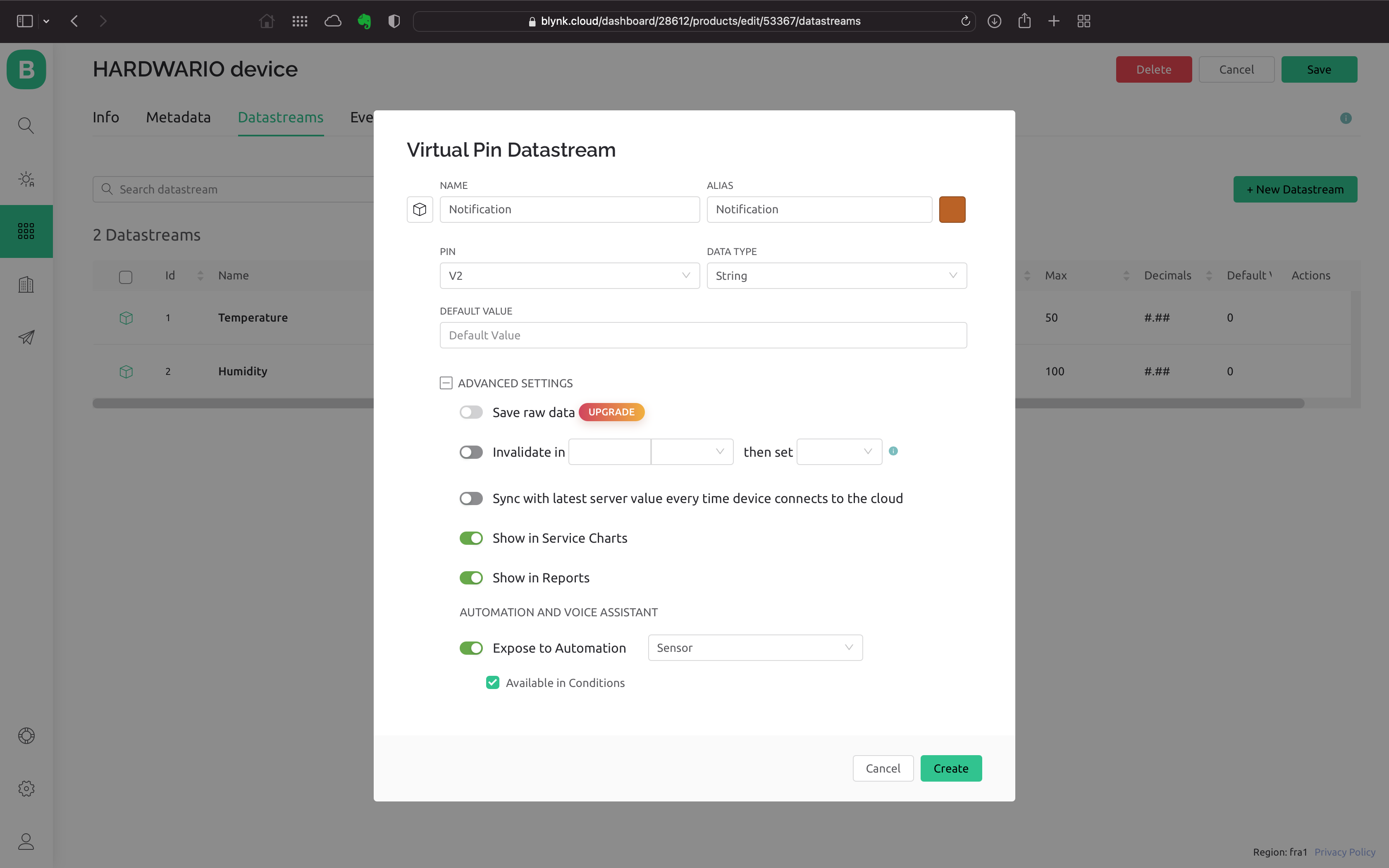 HARDWARIO Add Blynk IoT datastream