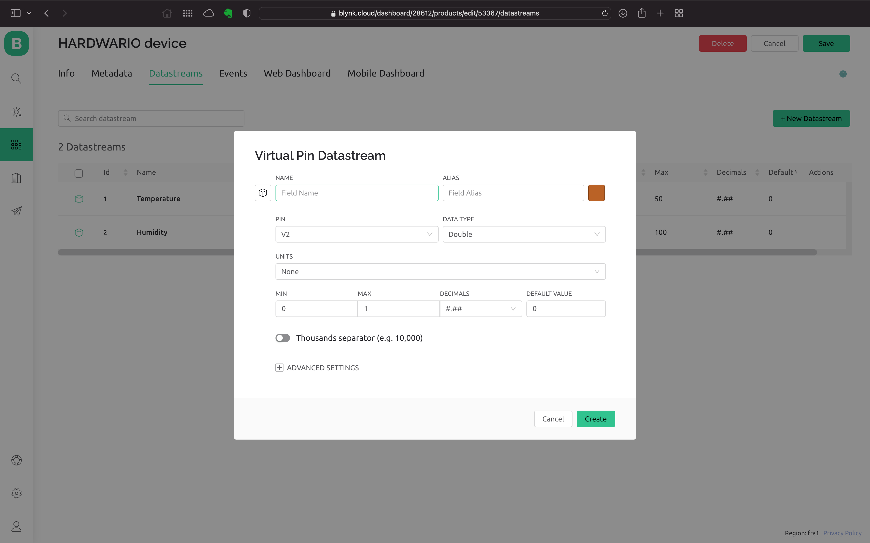 HARDWARIO Add Blynk IoT datastream
