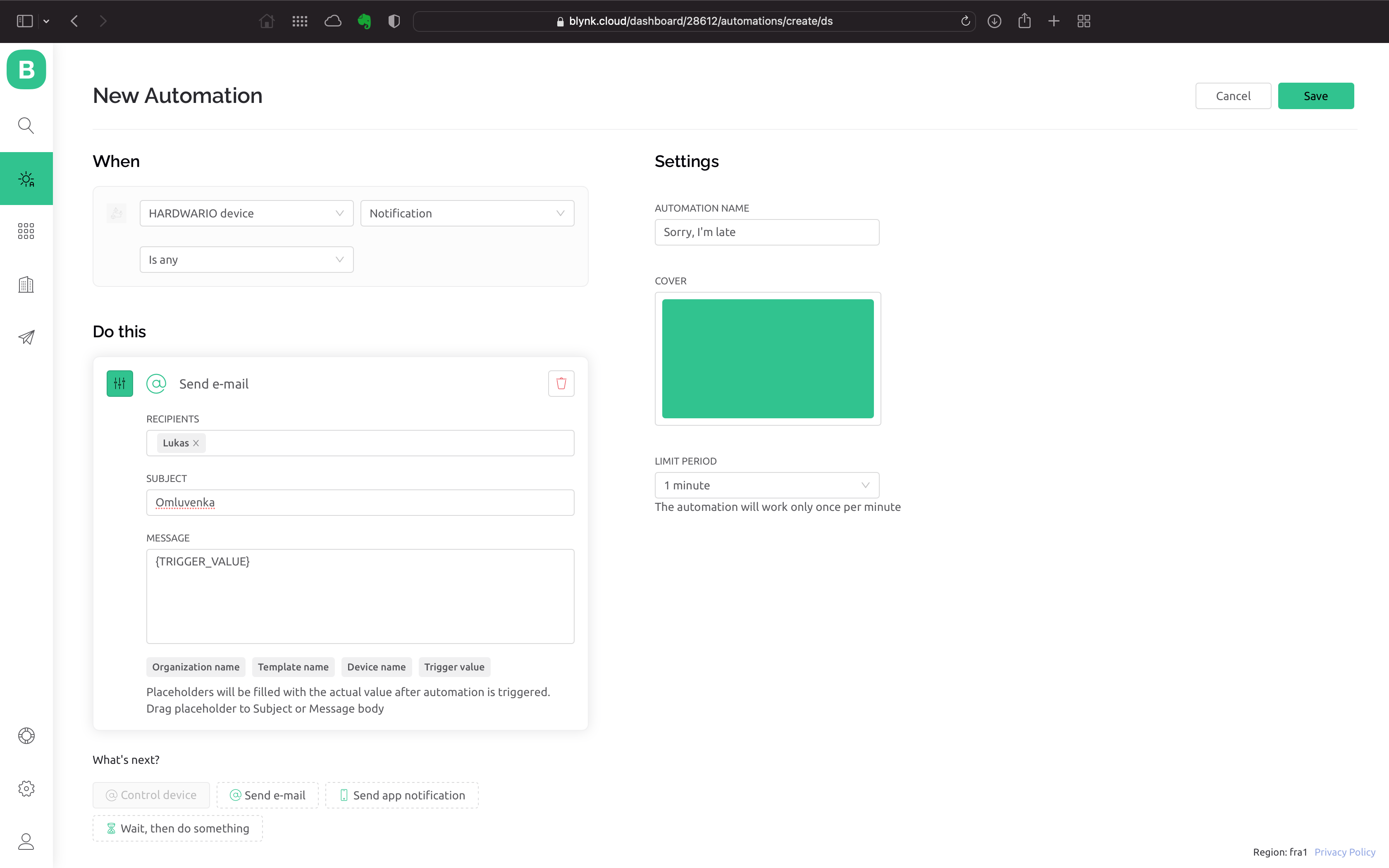HARDWARIO Add Blynk IoT automation