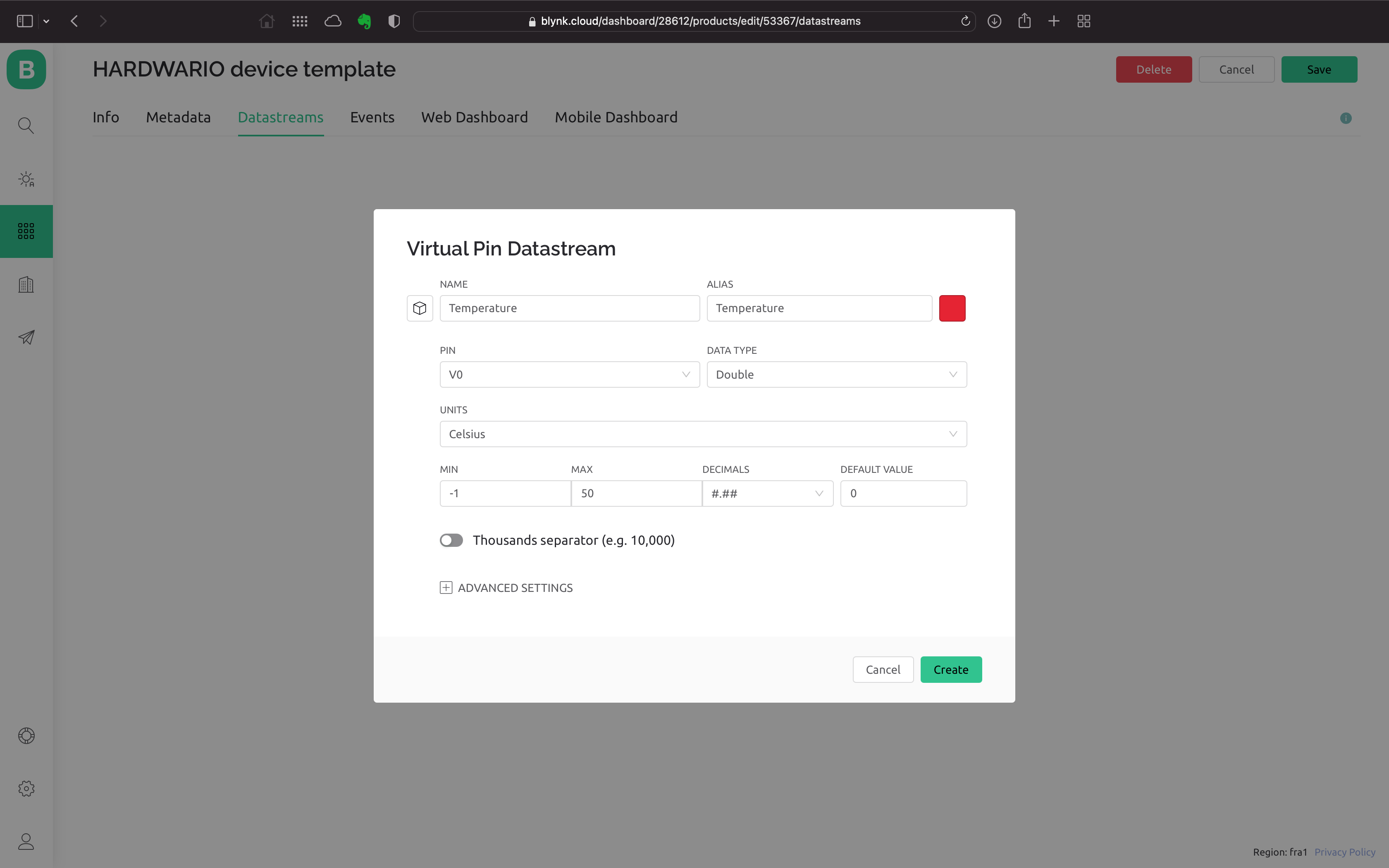 HARDWARIO Add Blynk IoT datastream