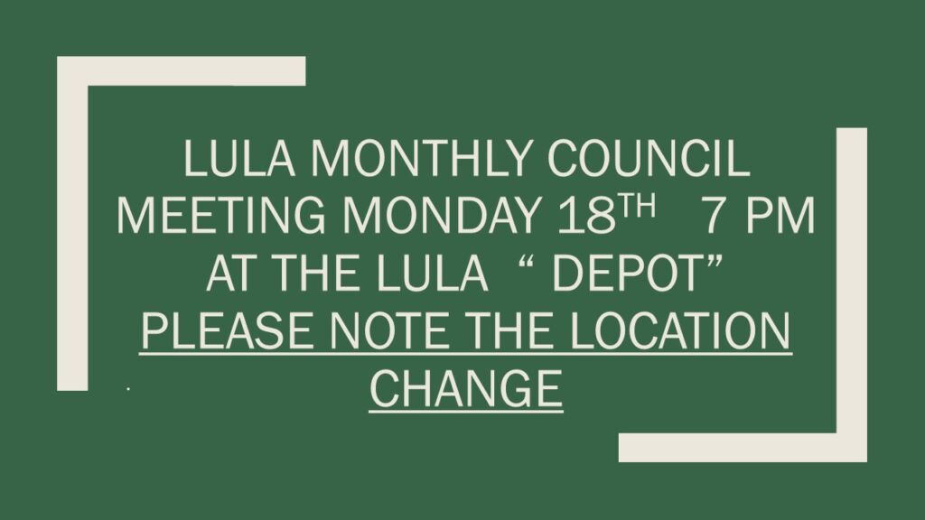 Click to see agenda for Monday April 18th Lula Depot