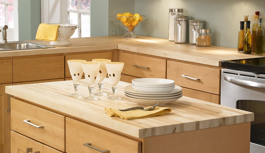maple island top and counter top pictured in this kitchen